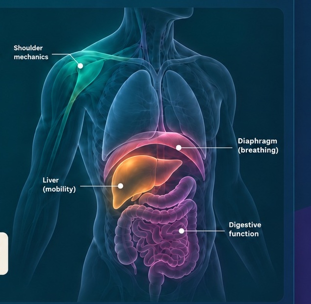Anatomical illustration showing relationships among shoulder mechanics, diaphragm, liver mobility, and digestive function