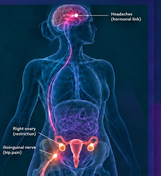Anatomical illustration showing a hormonal headache pattern, the right ovary, and the ilioinguinal nerve at the hip