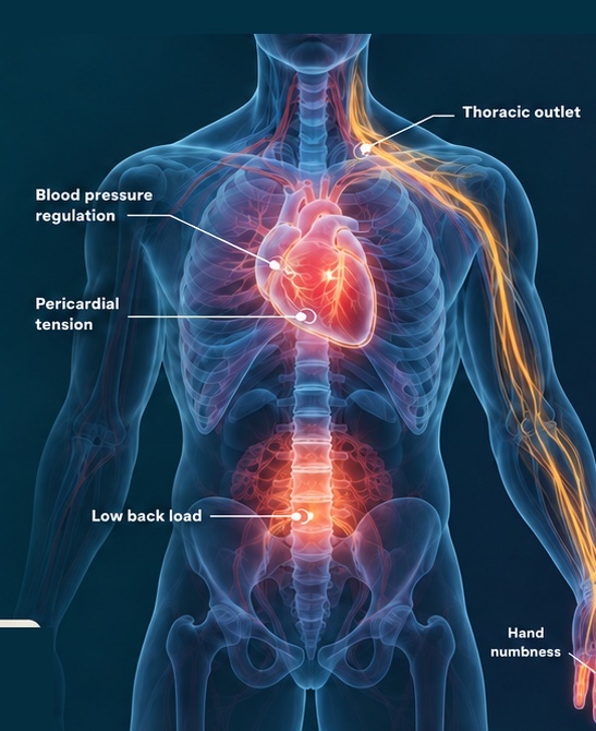 Anatomical illustration showing pericardial tension, thoracic outlet involvement, low back load, blood pressure regulation, and hand numbness