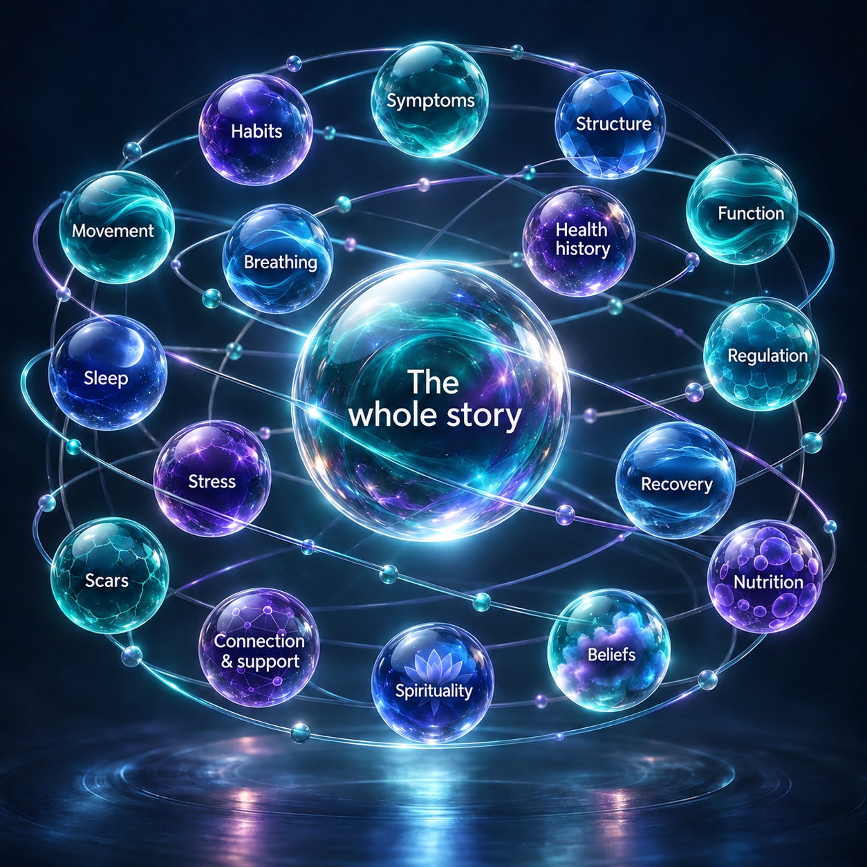 The whole story: interconnected factors including symptoms, structure, function, history, movement, breathing, recovery, regulation, nutrition, beliefs, spirituality, socialization, stress, sleep, habits and scars